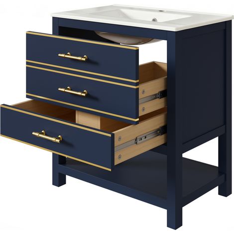 Noir Meuble lavabo indépendant pour salle de bain, vasque céramique, 2 tiroirs + étagère ouverte, MDF laqué, poignées en métal doré (1/5)