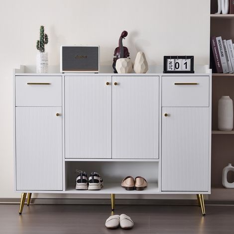 Meuble à chaussures 130x37x100 cm, avec 4 portes, 2 tiroirs, 1 compartiment ouvert, poignées et pieds dorés, pour salons et couloirs - Blanc (1/5)