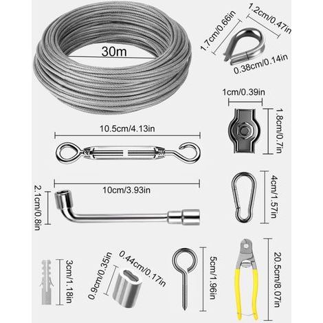 3mm 35m Corde en Acie Kit, Inoxydable 304 Câble en Acier, Suspendre fil à linge avec Tendeur Crochet, Cable Acier PVC Enrobage pour Plante Grimpante, Corde a Linge, Suspension Lumineuse (1/3)