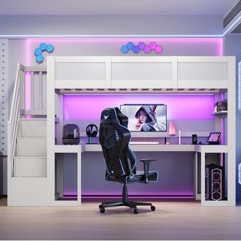 Lit mezzanine gaming 90x200 cm en bois blanc, bureau LED, gain de place, sans matelas – MEUBLIV (1/5)