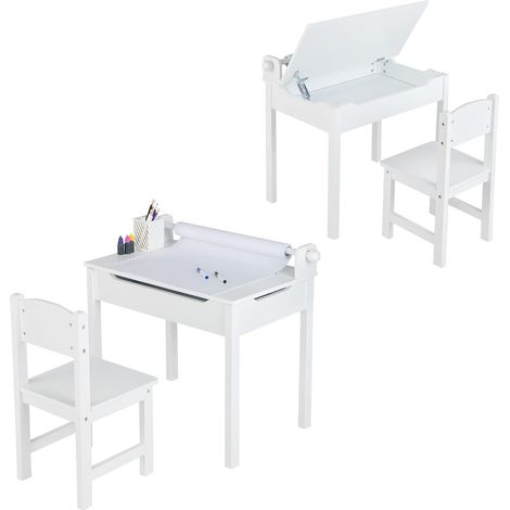 COSTWAY Set Tavolo e Sedia Multiattività Bambini, Scrivania da Disegno con Portarotolo e Piano Ribaltabile, Vano Portaoggetti, Rotolo di Carta e Pennarelli, 60 x 40 x 58 cm (Bianco)