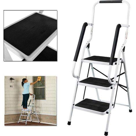 Échelle pliante à trois étages avec mains courantes, portable, équipée de tapis antidérapants, facile à ranger, adaptée aux familles, cuisines et autres occasions, avec une capacité de charge maximale