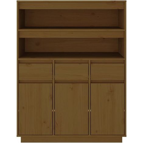 Buffet de Salle à Manger en Bois Massif de Pin Couleur Miel, Meuble Rangement Haut 89x40x116,5 cm avec Étagères, Style Moderne et Chaleureux pour Cuisine ou Salon (1/5)