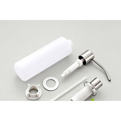 Distributeur de savon à pression en acier inoxydable 304, pour évier ou liquide vaisselle, avec tête en acier noir et flacon en plastique. Pompe argentée. (1/5)