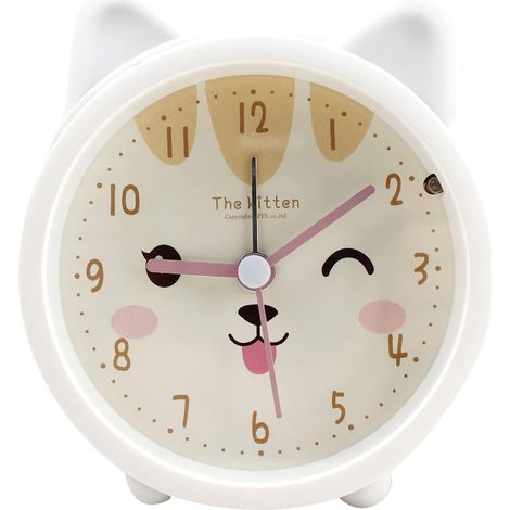 MINKUROW Kinder niedliches Tier Katze leiser Wecker nicht tickende Silikonuhr Nachtlicht Reiseuhr weiß