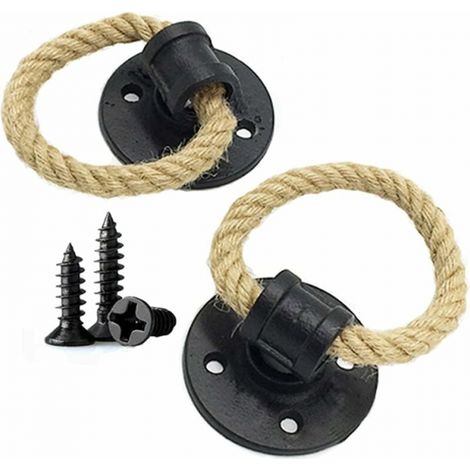 2pcs (Black) Vintage Hemp Rope Wrought Iron Handle Wooden Door Handles Cabinet Knobs Sliding Door Handle,Drawer Pull Ring (1/5)