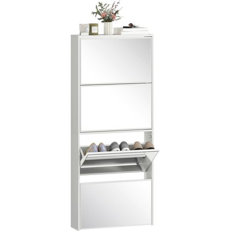 HOMCOM zapatero estrecho con espejo, 4 puertas abatibles, zapatero entrada recibidor para 12 pares de zapatos, para pasillo, 63x17x146 cm, blanco (1/5)
