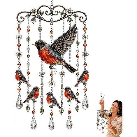 Carillon éolien colibri, carillon d'extérieur, carillon à thème oiseau de 40 cm avec cristaux, décoration de jardin, carillon en métal coloré (1/5)