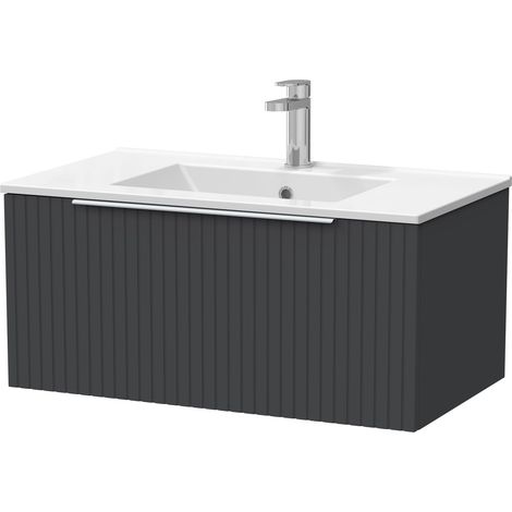 Callingwood Contemporary Wall Hung 1 Drawer Vanity Unit with Minimalist Ceramic Basin , 800mm, Dark Grey