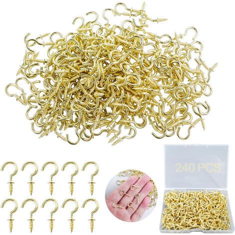 240 PCS Crochet a Visser Petit Piton à Visser Doré 1/2 Pouch Vis Crochet de Plafond Bois Crochets à Visser Métal pour Suspendre des Plantes Pot Mangeoires à Oiseaux Tasse Lumières (avec Boîte) (1/5)