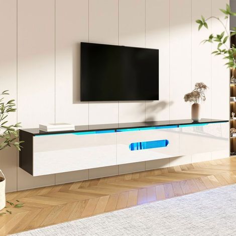 Mueble de TV - NEXU - 3 puertas, iluminación LED 16 colores - MDF - 180x35x30cm - negro y blanco