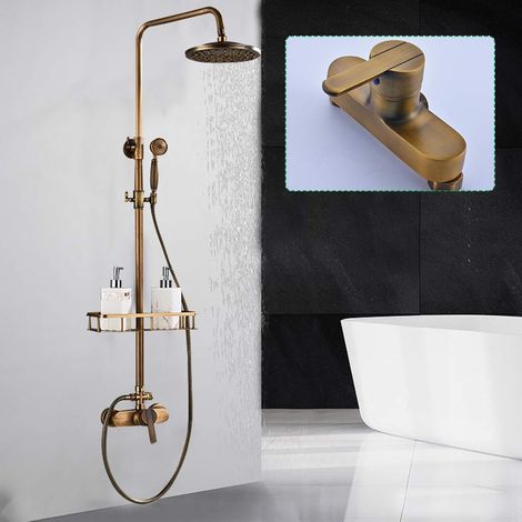 Système de douche, robinetterie rétro antique en laiton, douchette nostalgique, avec étagère, douche à effet pluie avec robinet, set de douche, kit de douche complet (1/5)