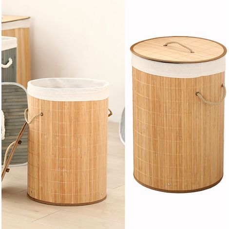Seau de rangement pliable en bambou, panier à linge, bac à vêtements sales, rangement avec couvercle, deux couleurs, rangement pour jouets, bac à vêtements sales rond couleur originale 1.0 (1/5)
