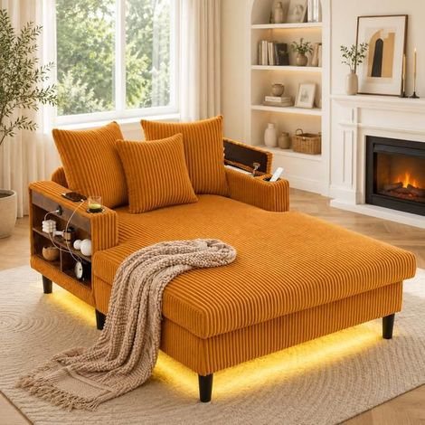 Canapé lounge chaise longue grande surface d'allonge éclairage LED port de charge USB porte-gobelets des deux côtés poche latérale (1/5)