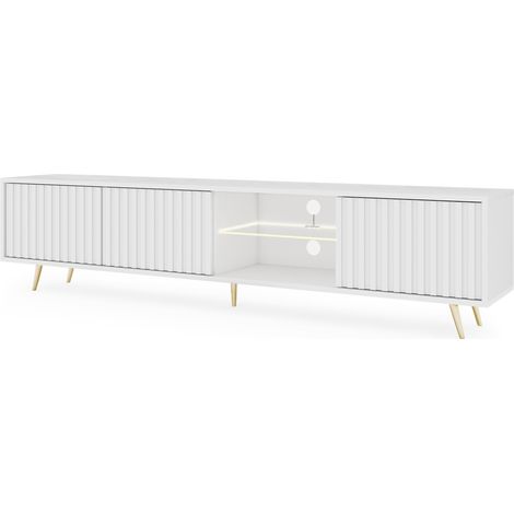 Selsey – Meuble TV 3 portes avec éclairage LED – 175 cm – blanc – pieds en acier dorés – rangement optimisé pour écran jusqu'à 75''