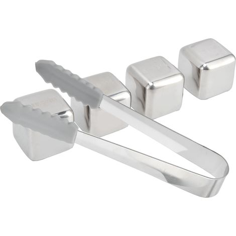 Bacs à glaçons réutilisables en acier inoxydable (4 pièces) avec pinces à glaçons pour whisky et autres boissons – idéal pour les fêtes et les bars. (1/5)