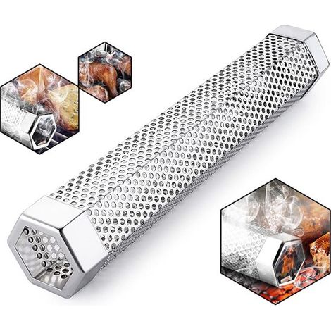 Juego de utensilios para barbacoa: tubo ahumador de acero inoxidable 304, caja ahumadora de madera frutal con forma de diamante.