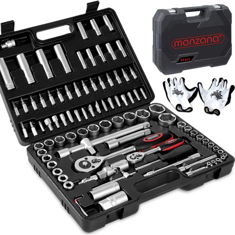 Monzana Juego de Llaves de vaso torx trinquete 94/222 piezas 1/4" + 3/8" + 1/2" de acero al cromo vanadio Juego de 94 herramientas