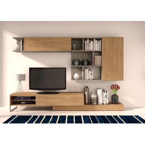 Mueble TV de pared equipado 272 cm roble y gris con librería - Rio