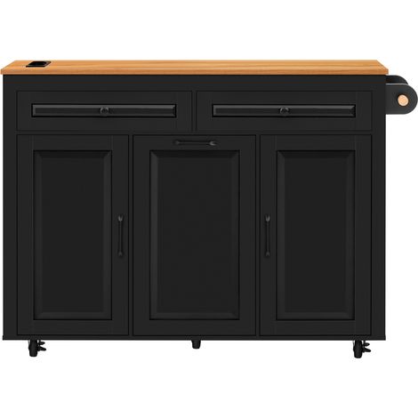 Isla de Cocina con Encimera Extensible, Compartimento para Cubo y Enchufes, en MDF, 120x40-75x92 cm, Negro (1/5)