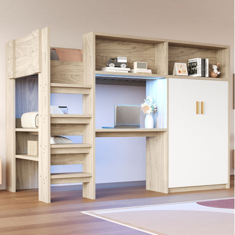 cama alta de madera color natural 90x200 cm con escritorio, armario, estanterías, LED y somier de láminas (1/5)
