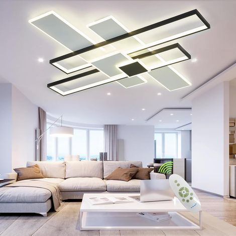 Plafonnier Led Salon, L105xL102 Pouces Led Plafonnier Moderne Salon Lumiere Lustre Dimmable Avec Télécommande, Noir Plafonnier Moderne Pour Luminaire De Salon Cadre 6 Carrés (1/5)