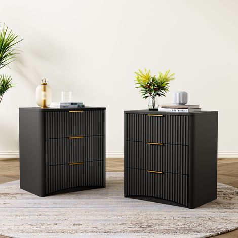 Mesita de noche con 3 Cajones y Guías con Cierre Suave, Esquinas Redondeadas, para Dormitorio, MDF, 58×38×64 cm, Negro (1/5)
