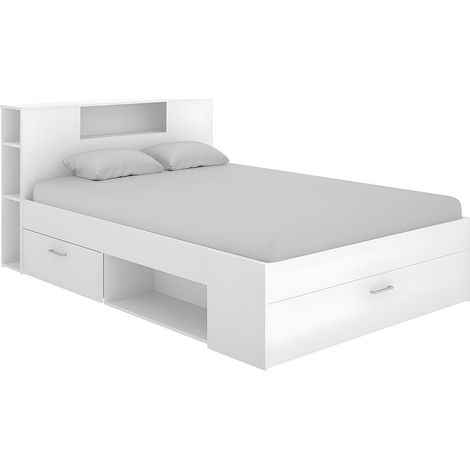 Letto matrimoniale alla francese con testiera portaoggetti e cassetti 140 x 190 cm Bianco - LEANDRE (1/4)