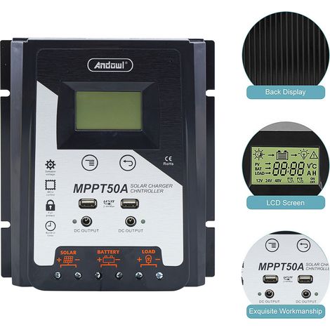 Controlador de carga solar MPPT50A 12-24-48V Controlador batería 2x Pantalla USB (1/4)
