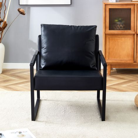 Sedia da lettura nera con telaio in metallo nero, poltrona moderna in ecopelle, divano singolo per soggiorno, camera da letto, ufficio (1/5)