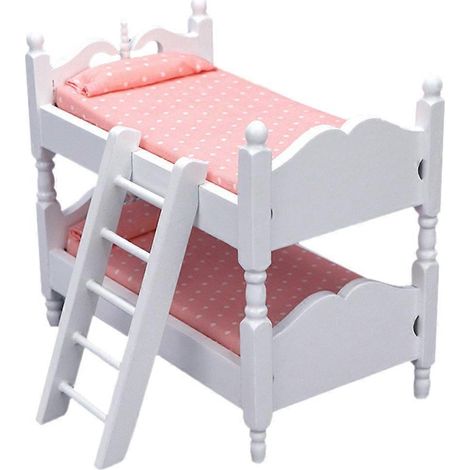Mobilier de maison de poupée, mini lit superposé, décoré de bois et de tissu roses. (1/5)