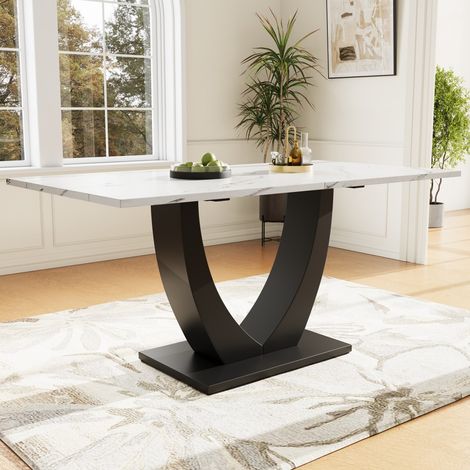 Table salle à manger rectangulaire 140x75,5cm - Plateau motif marbre & pieds métal réglables - Blanc/noir (1/5)