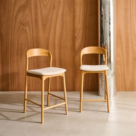 Lot de 2 tabourets de bar bois d'hévéa et tissu. L58.8 x P46.5 x H95.5cm - Athena Naturel / Beige (1/5)