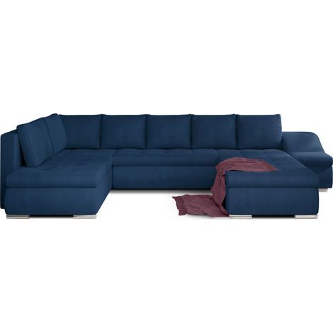 Canapé panoramique convertible JONAZ velours - Rangement integré A droite-Bleu pétrole-Méridienne A droite (1/5)