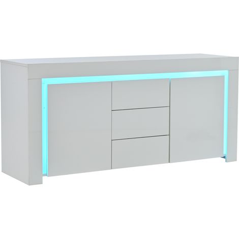 Buffet de salon 140 x 40 x 65 cm blanc brillant avec 2 portes, 3 tiroirs et LED, en MDF (1/5)