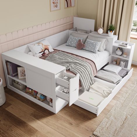 Cama infantil 140x190 cm blanca de MDF con cajón y almacenaje lateral (1/5)