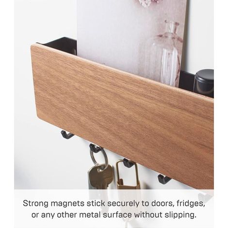 Mensola magnetica da parete, ganci portachiavi e cassetto, acciaio + legno (1/5)