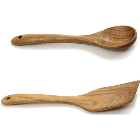Cuillère En Bois De Teck - Ustensiles De Cuisine Naturels - Résistant À La Chaleur - Pour Casseroles Et Poêles - Lot De 5 Pièces (1/5)