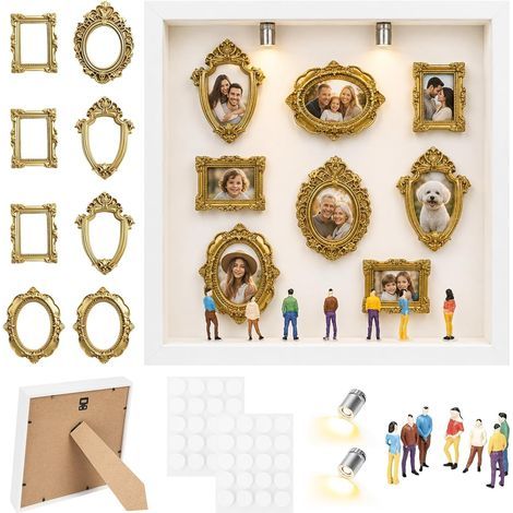 Mini museo fai-da-te con silhouette e luce, museo USA con 8 mini cornici dorate vintage e 8 figure, espositore per foto per compleanno, matrimonio, decorazione per la casa, bianco (1/5)