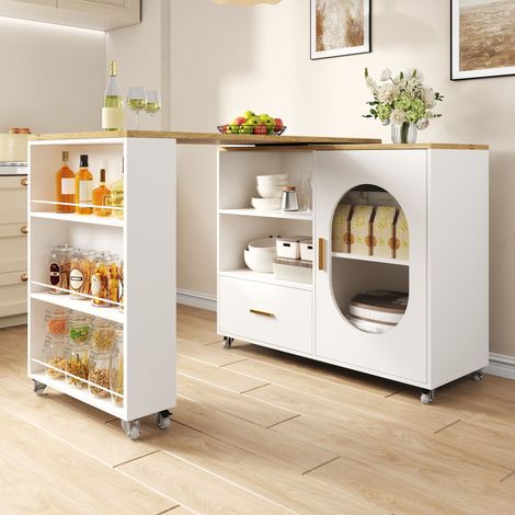 Îlot de cuisine mobile 120 à 180 x 60 x 90 cm - porte en verre cannelé - 1 tiroir - plateau pivotant à 360 degrés - naturel et blanc (1/5)