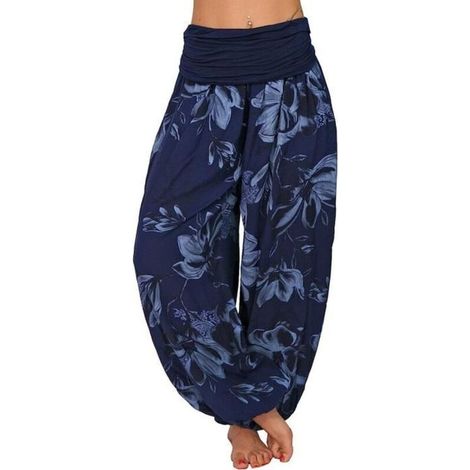 PANTALON Femme Éte Floral Imprimer Élastiquée Taille Pantalon Large Taille Haute Rétro Fluide Décontractée Yoga Pants Bleu foncé (1/4)