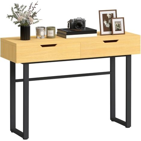 Console étroite de vestibule à 2 tiroirs, cadre métallique, dimensions 110 × 35 × 76,5 cm, finition naturel. (1/5)