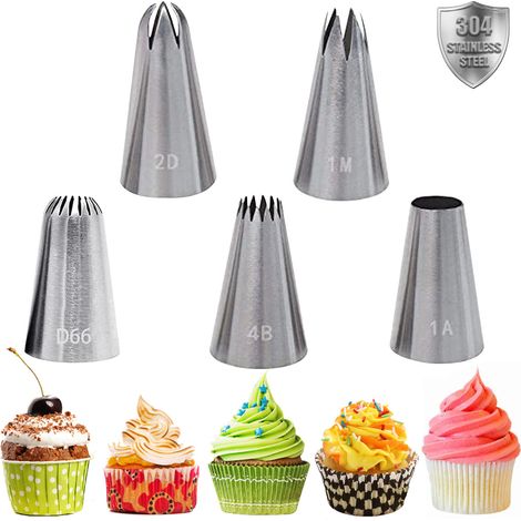 Douille À Glacer - Lot De 5 Douilles En Acier Inoxydable 304 - Pour Décoration De Gâteaux Et Cupcakes - 1M 4B 2D 1A D66 - Kit Pâtisserie DIY (1/5)