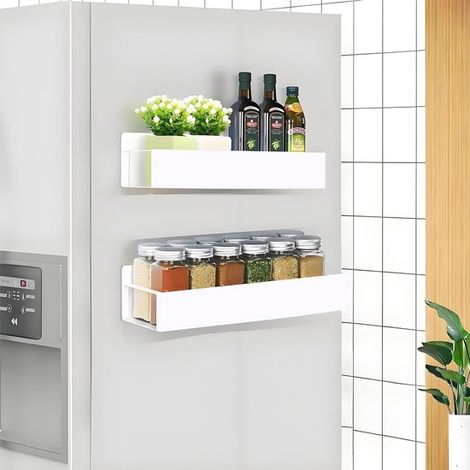 Estante magnético de cocina para refrigerador - 2 piezas, especiero de metal con 4 ganchos, blanco (1/5)