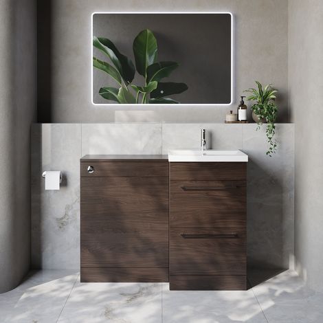 Napoli 390 Cento Brown Oak 1100mm 2 Drawer Vanity Unit Toilet Suite with Glide Basin - 1100mm - Chrome 320mm HandleWithout Kingston Toilet Pan