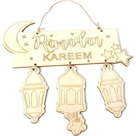 Adorno colgante de madera hecho a mano para Eid Mubarak, diseño de luna creciente de Ramadán, con cordón, decoración festiva (1/5)