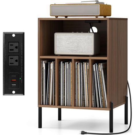 Goplus – Meuble pour platine vinyles avec station de charge – 5 compartiments pour 150 disques – Pieds en métal – Dimensions 53x45x78,5cm (noyer) (1/5)