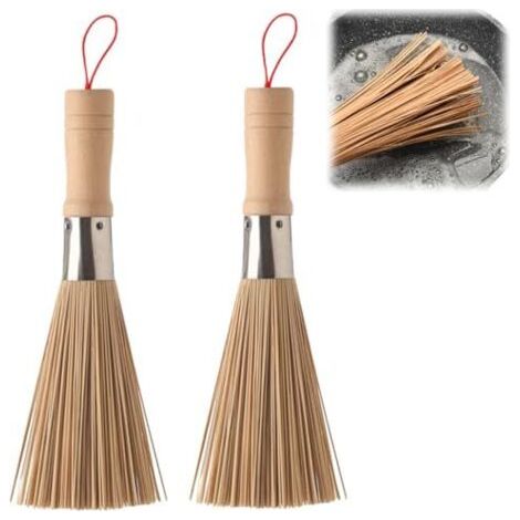 2 Pcs Brosses en Bambou Naturel pour Wok, Brosse pour Nettoyer Les Legumes, Brosse à Vaisselle en Bambou, Brosses de Nettoyage pour Wok, pour Cuisines Ménagères, Restaurants, Appareils de Nettoyage
