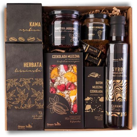 Geschenkkorb-Set mit Tee, Kaffee, Sirup, Schokolade, Früchten und Süßigkeiten (1/5)