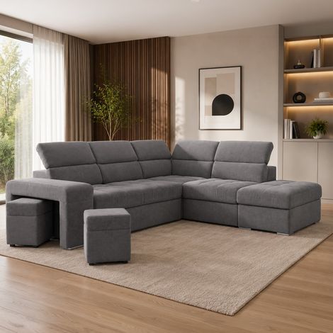 Divano angolare reversibile Positano grigio con poggiatesta regolabili, pouf e funzione letto (1/4)